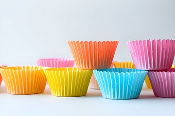 Multicolored empty paper baking cups on a white backdrop with copyspace