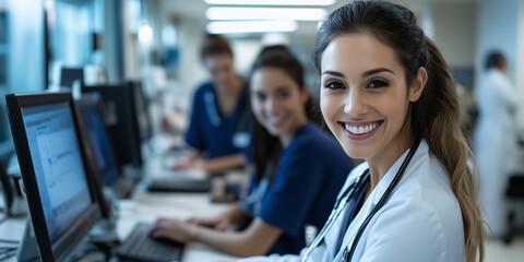The banner features a smiling medical team gathered around a computer, collaborating on patient care, their expressions reflecting teamwork and commitment to health.