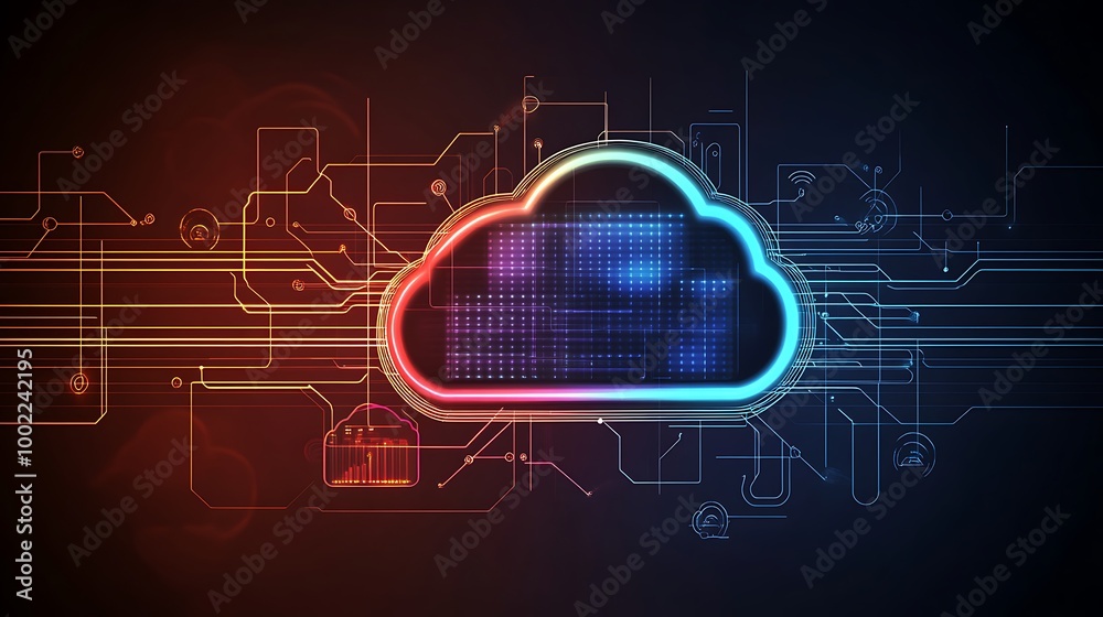 Poster Abstract cloud computing concept with glowing lines and digital data.