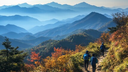 Obraz premium A tranquil moment at the scenic Jirisan National Park, with hikers enjoying the stunning mountain views.