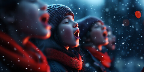 A vibrant banner showcasing teenage carolers singing in harmony, their breath visible in the chilly air, creating a heartwarming scene that captures the essence of Christmas Eve.