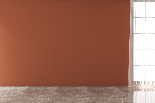 3d render of minimal design wall mock up terracotta color, gray marble floor and white ceiling. Set 3