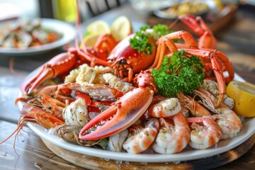 A platter of fresh seafood including shrimp, crab legs, and lobster