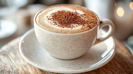 Indulgent Cappuccino Delight - Close-up of Frothy Coffee with Cocoa Powder in Stylish CafÃ© Setting