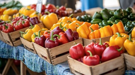 A vibrant display of assorted bell peppers in a farmer's market, highlighting their fresh, organic quality and enticing shoppers.