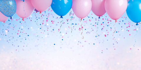 The banner presents a delightful arrangement of pink and blue balloons, each adorned with patterns, and a cascade of confetti, ideal for announcing the exciting news of a babyâs ge