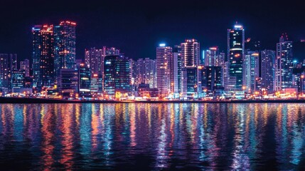 Fototapeta premium A vibrant night scene of the Busan skyline, showcasing the city lights reflecting on the water.