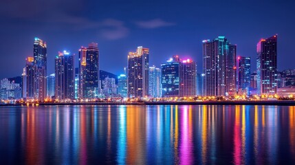 Fototapeta premium A vibrant night scene of the Busan skyline, showcasing the city lights reflecting on the water.