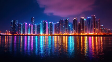 Fototapeta premium A vibrant night scene of the Busan skyline, showcasing the city lights reflecting on the water.