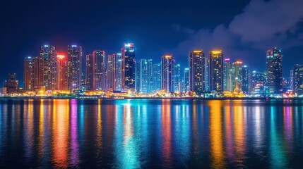 Fototapeta premium A vibrant night scene of the Busan skyline, showcasing the city lights reflecting on the water.