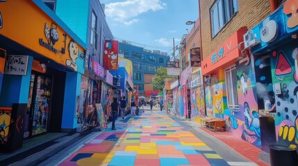 Naklejka premium A vibrant street filled with colorful murals and art installations in the artistic district of Hongdae.
