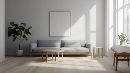 Fototapeta premium A minimalist Scandinavian living space with a sleek gray sofa, light wooden floors, and simple decor.