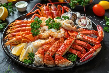 A platter of fresh seafood including shrimp, crab legs, and lobster