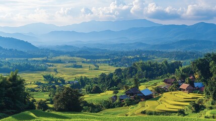 Fototapeta premium A view of the Chiang Mai countryside, with fields of rice paddies and small villages nestled in the valley.