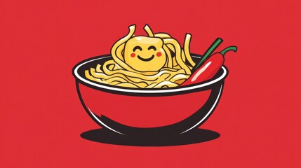 A whimsical cartoon of a noodle bowl, with the noodles forming a fun spiral and smiling chilies on the side.