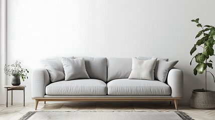Naklejka premium A minimalist Scandinavian living space with a soft gray fabric sofa, neutral-toned pillows, and a clean design.