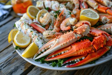 A platter of fresh seafood including shrimp, crab legs, and lobster 