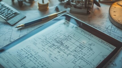 Close-up of a digital tablet showing mathematical calculations and engineering models with drafting tools and notes visible