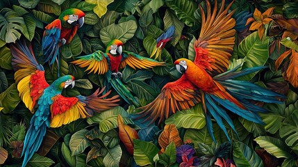 Fototapeta premium A painting of vibrant parrots soaring above a lush forestscape, replete with verdant foliage and blossoming flora