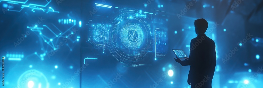 Poster A professional engages with floating holographic data and neural networks in a futuristic office environment during the evening. Generative AI