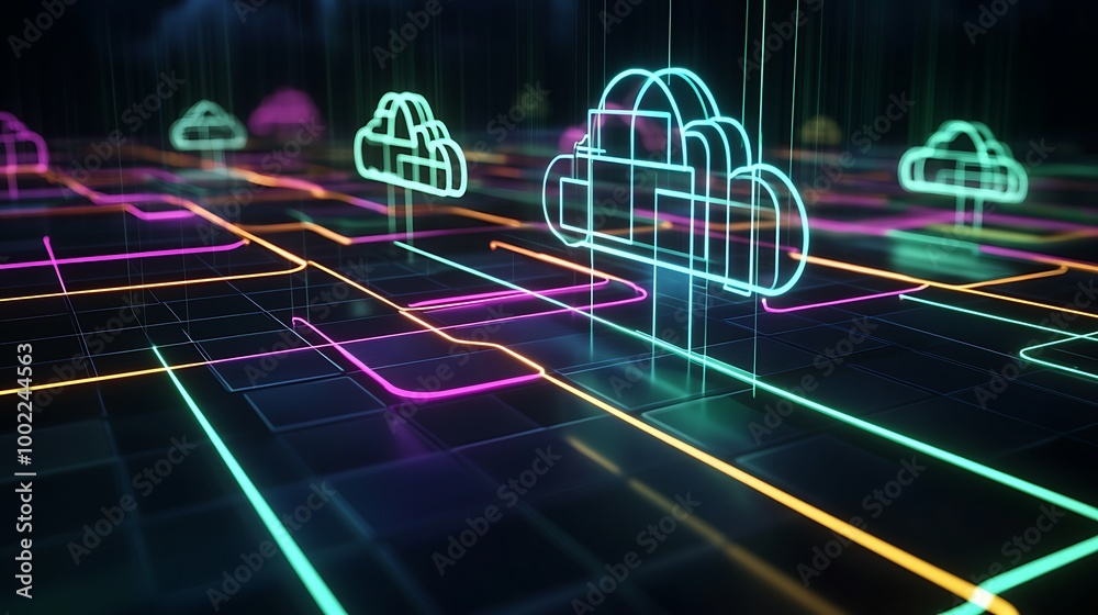 Aufkleber abstract digital cloud computing network with neon glowing lines.
