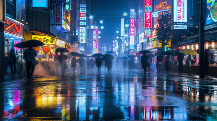 Fototapeta premium Rain-Soaked Street in Tokyo at Night