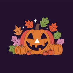 A halloween flat illustration with a pumpkin and leaves