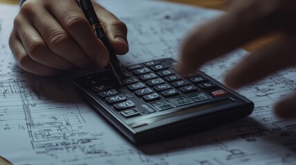 Close-up of an engineer hand using a scientific calculator with detailed mathematical calculations and engineering diagrams