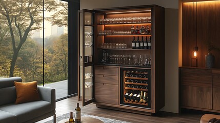 Compact convertible bar wine cabinet, featuring sleek dark wood and glass accents, opening into a full bar setup with wine storage and accessories,
