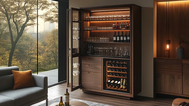 Compact convertible bar wine cabinet, featuring sleek dark wood and glass accents, opening into a full bar setup with wine storage and accessories,