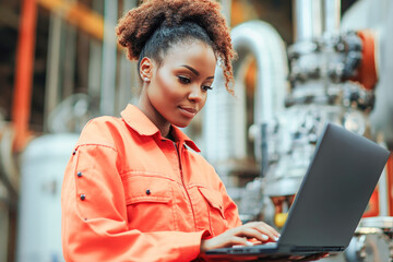 Young woman in orange industrial uniform working on a laptop in a technical environment. 