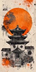 Abstract Illustration Building with Orange Sun and Ink Splatter Art
