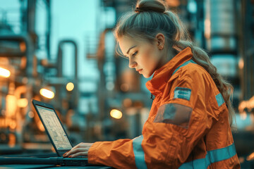 Young woman in orange industrial uniform working on a laptop in a technical environment. 