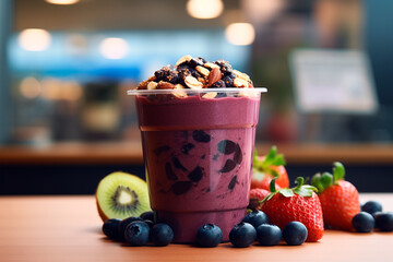 Close up of purple açaí in a cup with chopped fruits and strawberries on the side