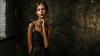 Fototapeta premium Elegante junge Escort Dame, stilvolles Portrait, Professionelles Model, attraktive Dame in Abendgarderobe, Gehobene Gesellschaft, Luxus Lifestyle