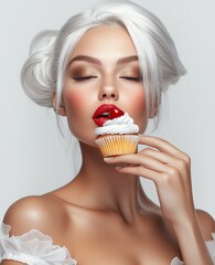 A beautiful blonde woman with closed eyes and cherry on her lips, enjoying eating a cupcake; fashion photography, against a white background. 