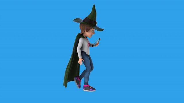 Fun 3D cartoon girl witch with a phone (with alpha channel)