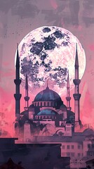 Abstract Illustration Building with Orange Sun and Ink Splatter Art