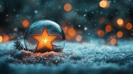 A snow globe featuring a golden star surrounded by snow and pine in a festive winter setting