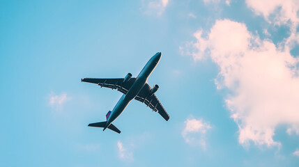 Obraz premium passenger airplane flying high in the sky, seen from a low-angle perspective, with a clear blue sky and a few scattered clouds