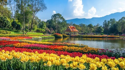 Obraz premium The colorful flower displays at the Royal Park Rajapruek, a popular garden attraction in Chiang Mai.