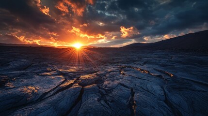 Sunset Over Cracked Lava Field With Golden Rays