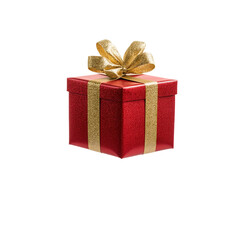 a red gift box with a gold ribbon and bow isolated on white background