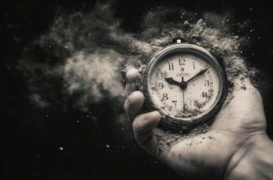 Concept of time passing away as we approach the end of times, the rusty copper clock breaks down into dust fire and pieces. Time is running out, hurry, buy now, closing, soon. Apocalypse