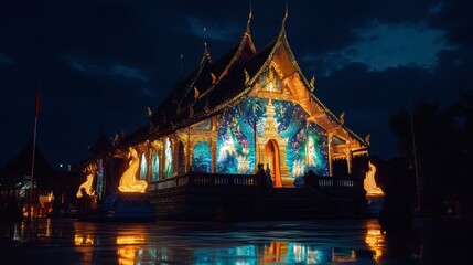 Obraz premium The famous night lights at Phu Prao Temple, with the glowing mural casting a magical atmosphere.