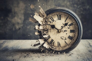 Concept of time passing away as we approach the end of times, the rusty copper clock breaks down into dust fire and pieces. Time is running out, hurry, buy now, closing, soon. Apocalypse