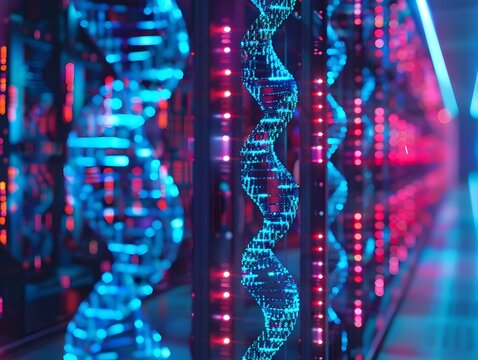 Futuristic DNA Data Storage in a Glowing Digital Archive with Illuminated Double Helix Shelves
