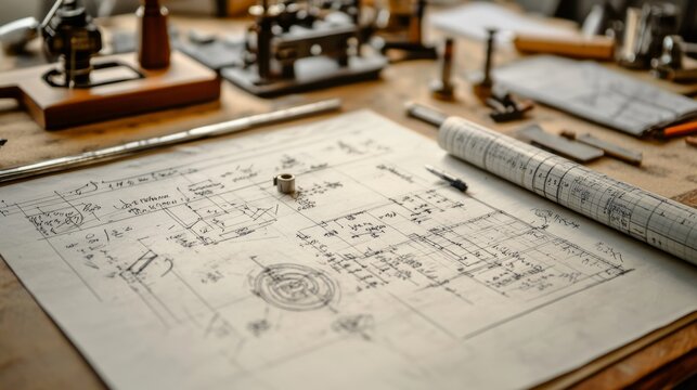 Detailed view of a drafting table with mathematical equations, engineering schematics, and design tools visible