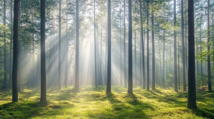 Sunbeams Illuminating a Misty Pine Forest