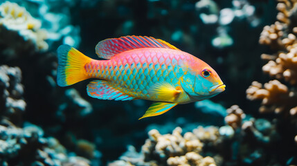 Naklejka premium Vibrant Tropical Fish Swimming in Coral Reef